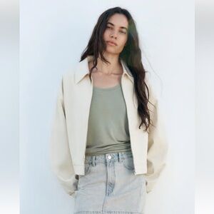 ZARA Cream Zip-Up Bomber Jacket | Minimalist Lightweight Oversized Sz Large